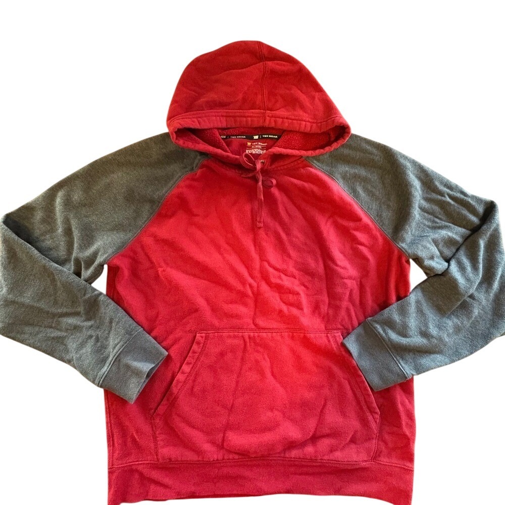 Tek Gear Hoodie Mens Medium Red Gray Excellent Raglan Pullover Sweatshirt
